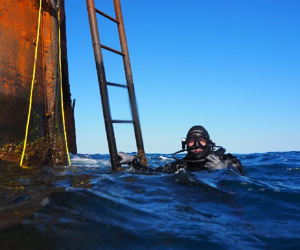 Commercial diver surfacing near dock pilings.
